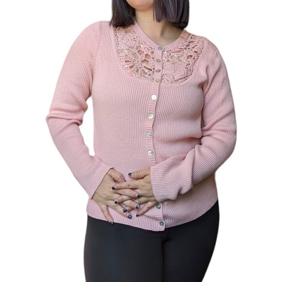 Vintage Victor Costa Pastel Pink Wool Cardigan Sweater Ribbed Knit Womens Small - Picture 1 of 6